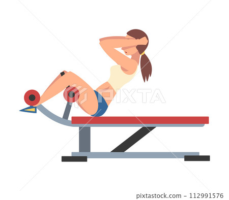 Woman Training on Abdominal Crunch Bench Vector Illustration 112991576