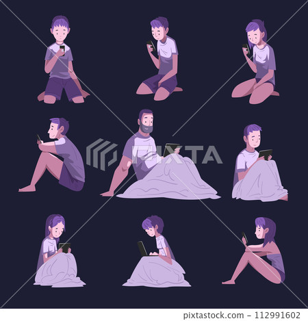 People Using Digital Gadgets at Night Collection, Male and Female Persons Playing Online Video Game or Chatting on Social Networks Vector Illustration People Using Digital Gadgets at Night Collection, Male and Female Persons Playing Online Video Game or Chatting on Social Networks Vector Illustration 112991602