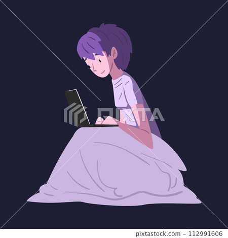 Guy Sitting under the Blanket with Laptop Computer at Night, Person Using Digital Gadget for Playing Online Video Game or Chatting on Social Networks Vector Illustration Guy Sitting under the Blanket with Laptop Computer at Night, Person Using Digital Gadget for Playing Online Video Game or Chatting on Social Networks Vector Illustration 112991606