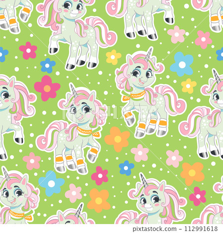 Beautiful summer unicorn with flowers on a green background seamless pattern Beautiful summer unicorn with flowers on a green background seamless pattern 112991618