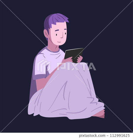 Guy Sitting in the Bed with Tablet PC at Night, Boy Using Digital Gadget for Playing Online Video Game or Chatting on Social Networks Vector Illustration Guy Sitting in the Bed with Tablet PC at Night, Boy Using Digital Gadget for Playing Online Video Game or Chatting on Social Networks Vector Illustration 112991625