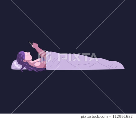 Girl Lying in the Bed with Smartphone at Night, Person Playing Online Video Game or Chatting on Social Networks Vector Illustration Girl Lying in the Bed with Smartphone at Night, Person Playing Online Video Game or Chatting on Social Networks Vector Illustration 112991682