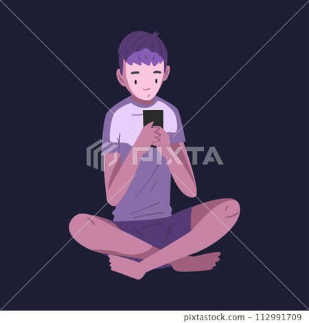 Teen Boy Sitting with Smartphone at Night, Person Using Digital Gadget for Playing Online Video Game or Chatting on Social Networks Vector Illustration Teen Boy Sitting with Smartphone at Night, Person Using Digital Gadget for Playing Online Video Game or Chatting on Social Networks Vector Illustration 112991709