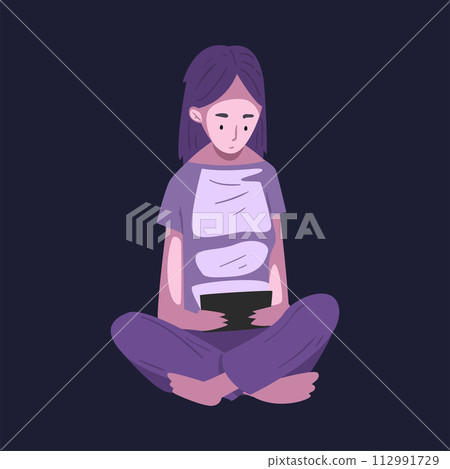 Girl Sitting with Tablet PC at Night, Person Using Digital Gadget for Playing Online Video Game or Chatting on Social Networks Vector Illustration 112991729