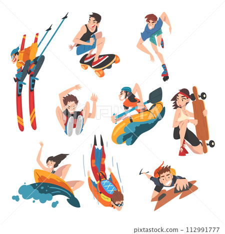 Extreme Sports Set, Snowboarding, Surfing, , Skateboarding, Skydiving, Mountaineering, Parasailing, Hobbies and Recreational Activities Cartoon Style Vector Illustration 112991777
