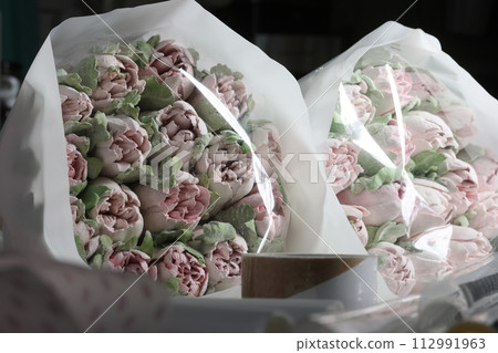 Two marshmallow bouquets. Marshmallow flowers. Marshmallow tulips. Homemade marshmallows. 112991963