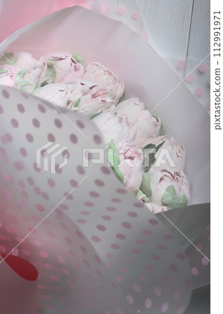 marshmallow bouquets. Marshmallow flowers. Marshmallow tulips. Homemade marshmallows. Selective focus. 112991971