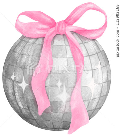 Coquette Disco ball with pink ribbon bow watercolor Coquette Disco ball with pink ribbon bow watercolor 112992169