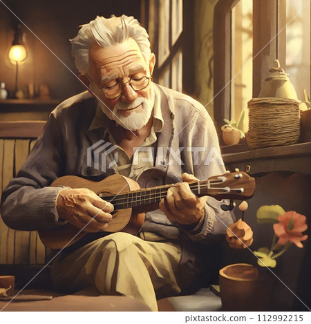 演奏尤克里裡琴的老人 112992215