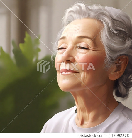 Profile of an elderly woman smiling with her eyes closed 112992278