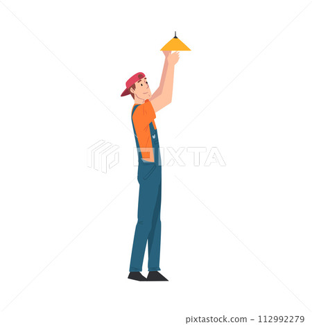 Male Electrician Engineer Changing Light Bulb, Professional Worker Character in Uniform Repairing Electrical Equipment Cartoon Style Vector Illustration 112992279
