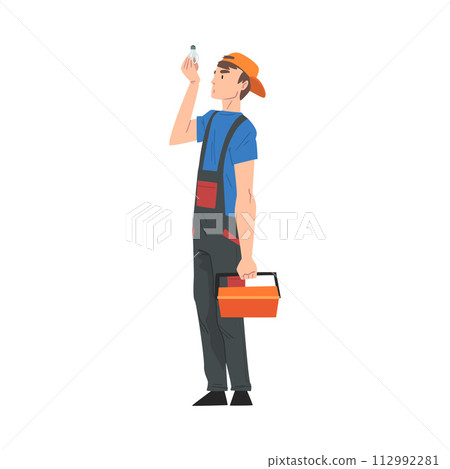 Male Electrician Engineer with Toolbox Looking at Light Bulb, Professional Worker Character in Uniform Repairing Electrical Equipment Cartoon Style Vector Illustration 112992281