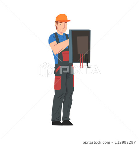 Male Electrician Engineer Repairing Control Panel, Electricity Maintenance Service Worker Character in Uniform and Cap Cartoon Style Vector Illustration 112992297