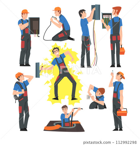 Male Electrical Engineers Repairing and Operating Electrical Equipment, Electricity Maintenance Service Workers Characters in Uniform and Cap Cartoon Style Vector Illustration 112992298