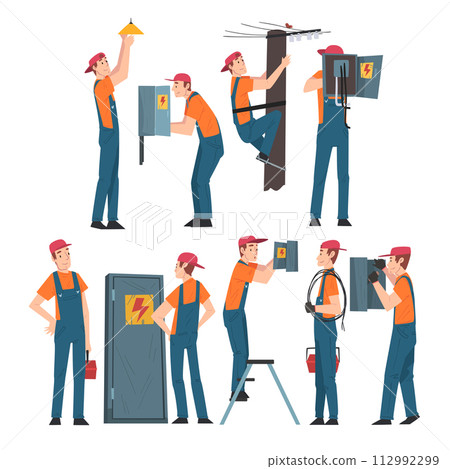 Electrical Engineers Repairing and Operating Electrical Equipment, Electricity Maintenance Professional Service Workers Characters in Uniform Cartoon Style Vector Illustration 112992299