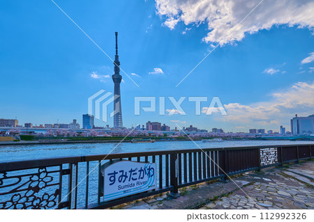 View from Imado 1-chome, Taito-ku, Tokyo in spring towards Mukojima 2-chome, Sumida-ku, where cherry blossoms are blooming across the Sumida River. 112992326
