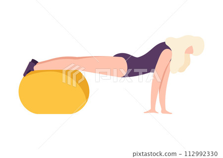 Young Woman in Sportswear Training with Fitball, Girl Doing Sports in Fitness Club, Gym or Home, Active Healthy Lifestyle Flat Style Vector Illustration 112992330