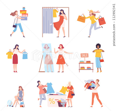 Young Women Taking Part in Seasonal Sale at Store, Mall Set, Girls Choosing, Trying On and Buying Clothes Flat Style Vector Illustration Young Women Taking Part in Seasonal Sale at Store, Mall Set, Girls Choosing, Trying On and Buying Clothes Flat Style Vector Illustration 112992341