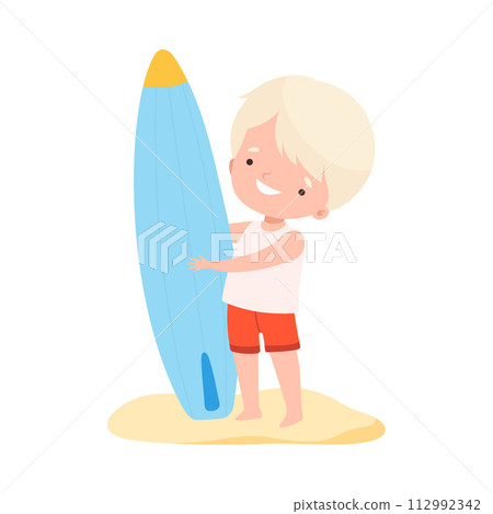 Cute Boy in Swimsuit Standing with Surfboard on Sandy Beach, Kids Summer Activities, Adorable Child Having Fun on Summer Holidays Cartoon Vector Illustration Cute Boy in Swimsuit Standing with Surfboard on Sandy Beach, Kids Summer Activities, Adorable Child Having Fun on Summer Holidays Cartoon Vector Illustration 112992342