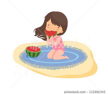 Cute Girl Eating Watermelon on the Beach, Kids Summer Holidays Activities Cartoon Vector Illustration Cute Girl Eating Watermelon on the Beach, Kids Summer Holidays Activities Cartoon Vector Illustration 112992343