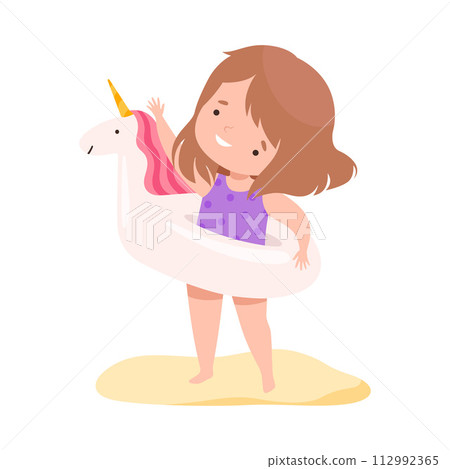 Cute Girl with Inflatable Unicorn Swim Ring, Kids Summer Activities, Adorable Child Having Fun on Beach on Holidays Cartoon Vector Illustration Cute Girl with Inflatable Unicorn Swim Ring, Kids Summer Activities, Adorable Child Having Fun on Beach on Holidays Cartoon Vector Illustration 112992365