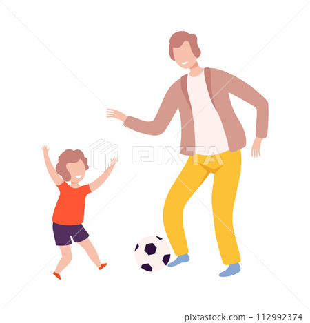 Father and Son Playing Soccer with Ball, Dad and Kid Doing Sports Together Flat Style Vector Illustration 112992374