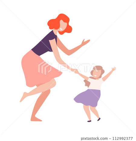 Mom and Daughter Dancing Together Holding Hands, Parent and Kid Having Good Time Flat Style Vector Illustration 112992377