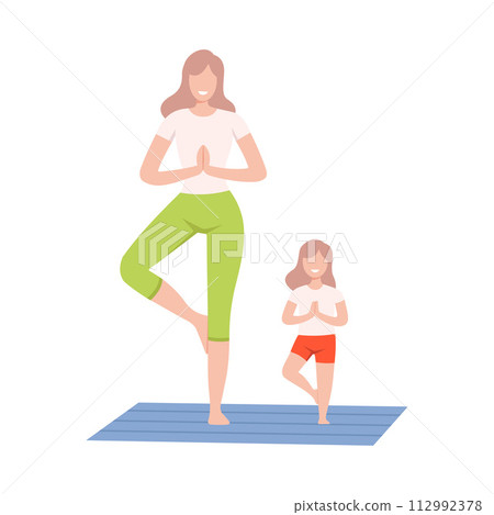 Mother and Daughter Doing Yoga Exercise, Mom and Kid Doing Sports Together Flat Style Vector Illustration 112992378