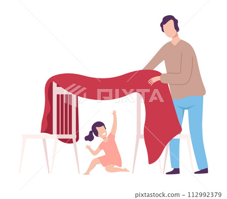 Father and His Daughter Playing Blanket House, Girl Sitting in Hut, Parent and Kid Spending Time Together at Home Flat Style Vector Illustration Father and His Daughter Playing Blanket House, Girl Sitting in Hut, Parent and Kid Spending Time Together at Home Flat Style Vector Illustration 112992379
