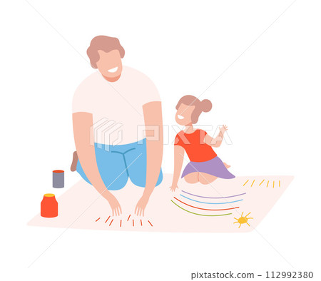 Father and His Daughter Sitting on the Floor and Painting with their Hands, Parent and Kid Spending Time Together at Home Flat Style Vector Illustration 112992380