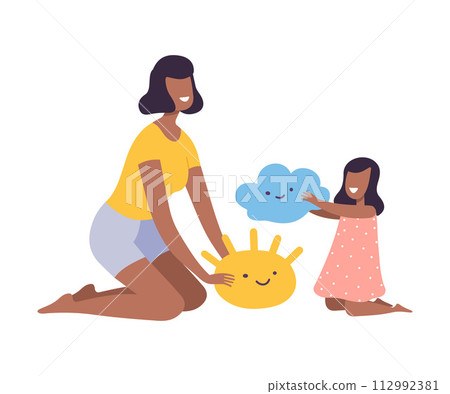 Mother Playing with her Little Daughter, Parent and Kid Spending Time Together at Home Flat Style Vector Illustration 112992381