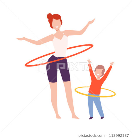 Mother and Son Doing Hula Hoop Rotating Workout Exercise, Mom and Kid Doing Sports Together Flat Style Vector Illustration 112992387