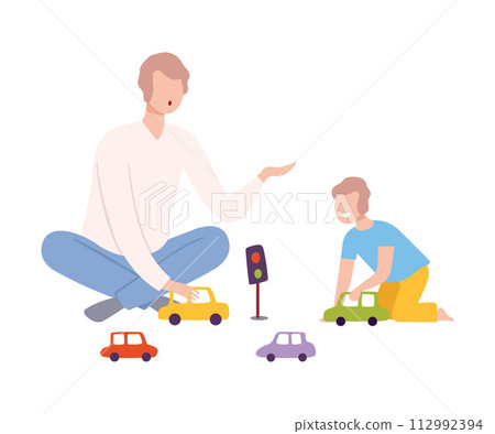 Father Sitting on the Floor with Crossed Legs and Playing Toy Cars with Her Son, Parent and Kid Spending Time Together at Home Flat Style Vector Illustratio Father Sitting on the Floor with Crossed Legs and Playing Toy Cars with Her Son, Parent and Kid Spending Time Together at Home Flat Style Vector Illustratio 112992394