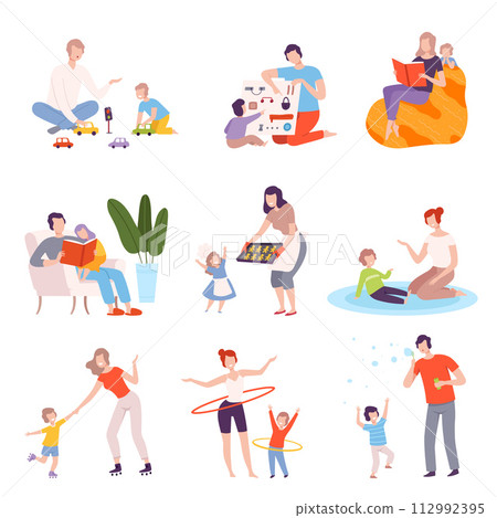 Parents and Kids Spending Time Together at Home Set, Fathers and Mothers Playing, Reading, Cooking and Doing Sports with Their Children Flat Style Vector Illustration Parents and Kids Spending Time Together at Home Set, Fathers and Mothers Playing, Reading, Cooking and Doing Sports with Their Children Flat Style Vector Illustration 112992395