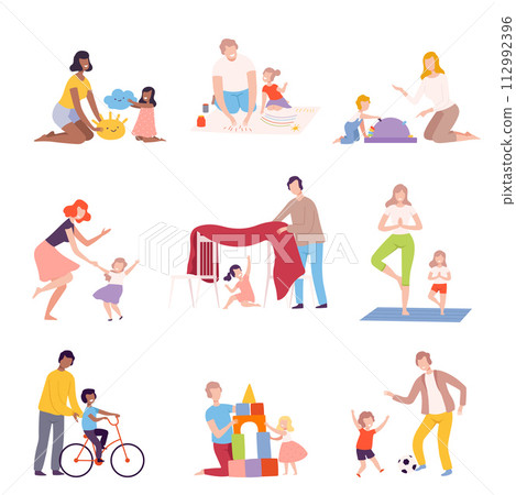 Parents and Kids Spending Time Together at Home Set, Fathers and Mothers Playing, Reading, Dancing and Doing Sports with Their Children Flat Style Vector Illustration 112992396
