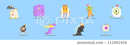 Winter Dressed Monsters in Funny Situation Vector Set 112992426