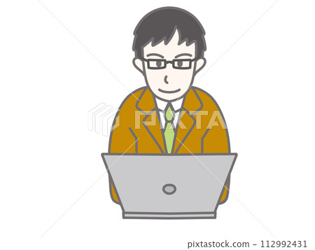 Businessman wearing a brown suit and glasses and using a computer Businessman wearing a brown suit and glasses and using a computer 112992431