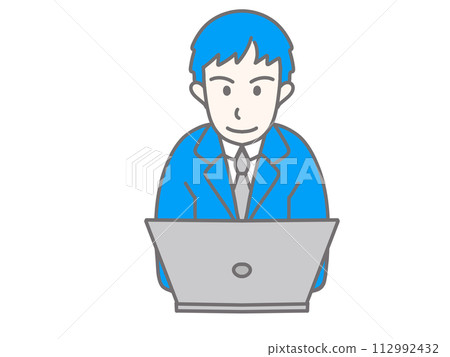 A businessman wearing a blue suit and using a computer A businessman wearing a blue suit and using a computer 112992432