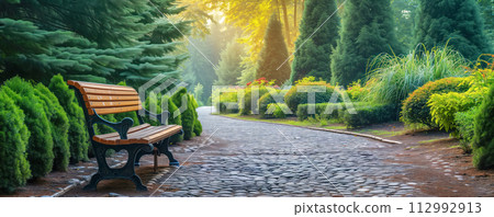 Beautiful coniferous garden with blue spruces, fir trees, thujas, junipers and colourful flowers. Beautiful coniferous garden with blue spruces, fir trees, thujas, junipers and colourful flowers. 112992913