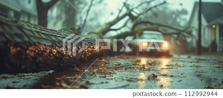 A tree felling after a hurricane on a car and a house . The consequences of the raging disaster. 112992944