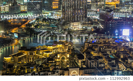 Dubai Downtown night timelapse view from the top in Dubai, United Arab Emirates 112992963