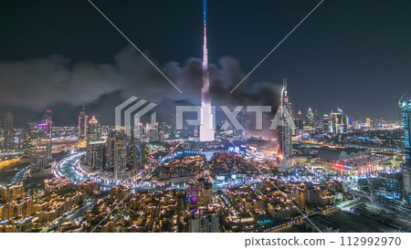 Dubai Burj Khalifa before New Year 2016 fireworks celebration timelapse and the Fire accident at Dubai, UAE. 112992970