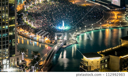 A general view of the bridge over man-made lake timelapse in Dubai downtown, United Arab Emirates. 112992983