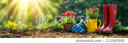 Beautiful background of the pots with seedling of flowers and red rubber boots near them. Gardening concept. 112992992