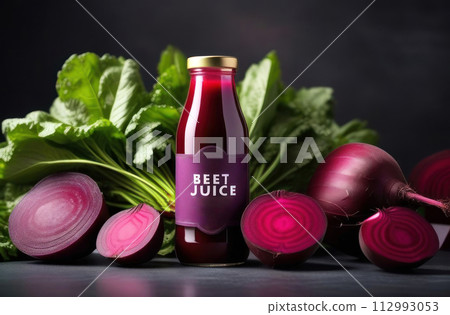 Fresh beet juice in a stylish bottle surrounded by raw beets 112993053