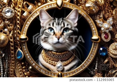 Discover regal elegance with this majestic cat adorned in lavish jewelry 112993065