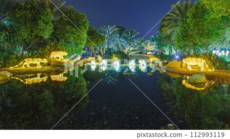 Dubai Glow Garden timelapse with illuminated trees and sculptures 112993119
