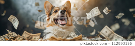 Cute fluffy pet under rain of falling banknotes. Blogging concept. 112993156
