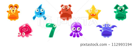 Funny Colorful Little Bubble Character and Cute Jelly Creature Vector Set 112993194