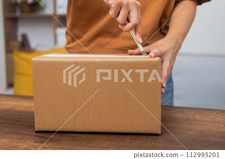 A young lady eagerly unwraps her online shopping package with a utility knife, bringing excitement to her home. 112993201